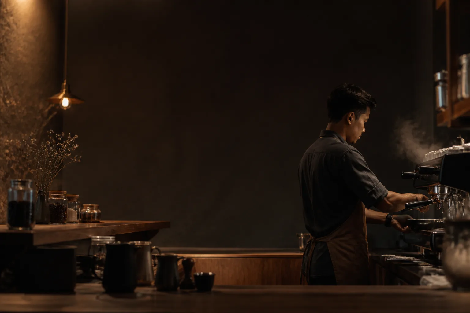 Barista sedang menyiapkan espresso di bar kopi yang hangat